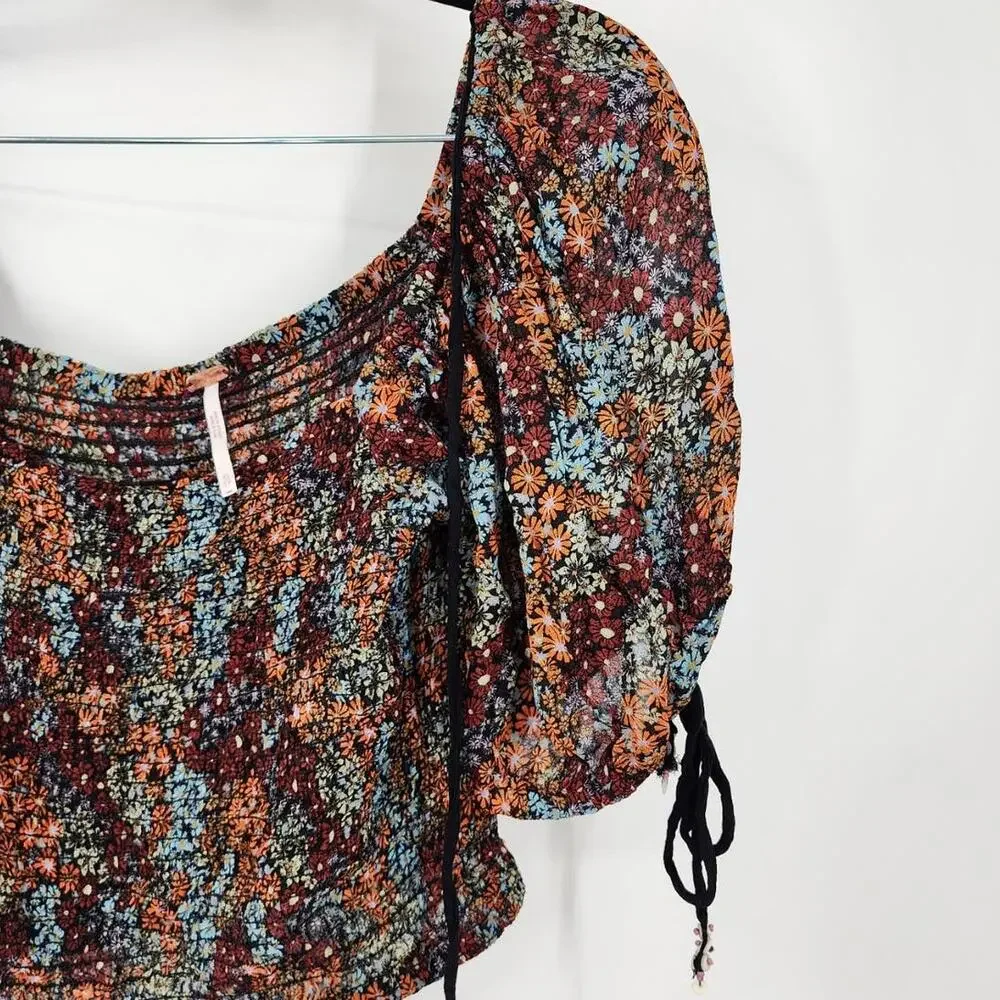 FREE PEOPLE Back On Puff Sleeve Smocked Crop Top Womens Size XS Extra Small